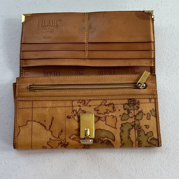 Alviero Martini Leather Wallet 7.5" Geo Classic Map Gold Clip Closure - Picture 3 of 7